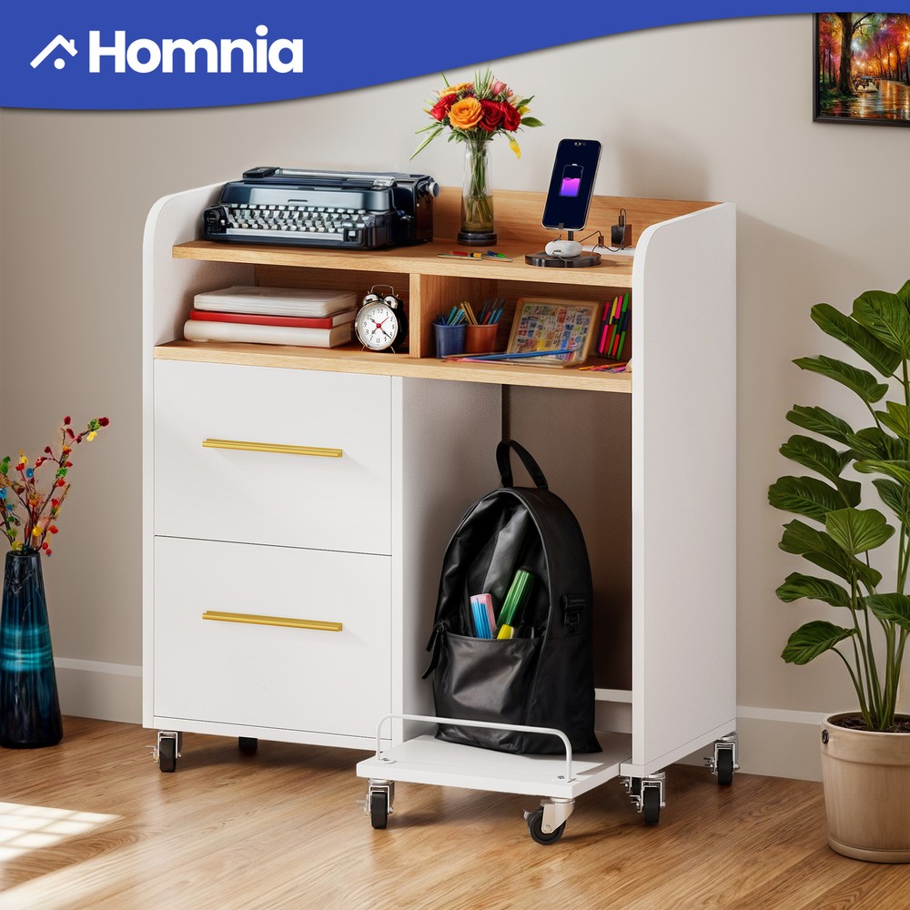 Rolling 2 Drawer Filing Cabinet File Storage w/ Paper Shredder & Power Station