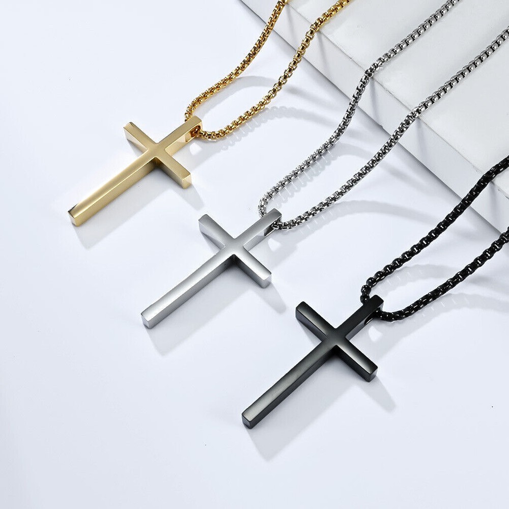 Plain Cross Necklace for Men Women Stainless Steel Pendant Chain 16-30 Inch Gift