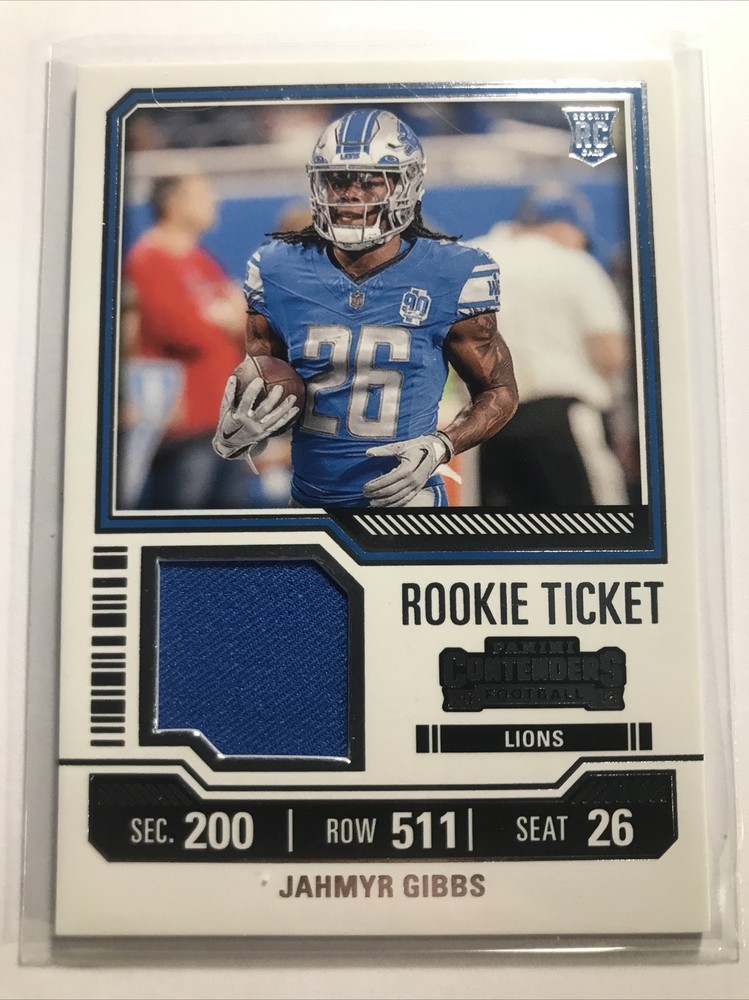 Jahmyr Gibbs 2023 Contenders #TS12 ROOKIE RC TICKET JERSEY PATCH RELIC LIONS