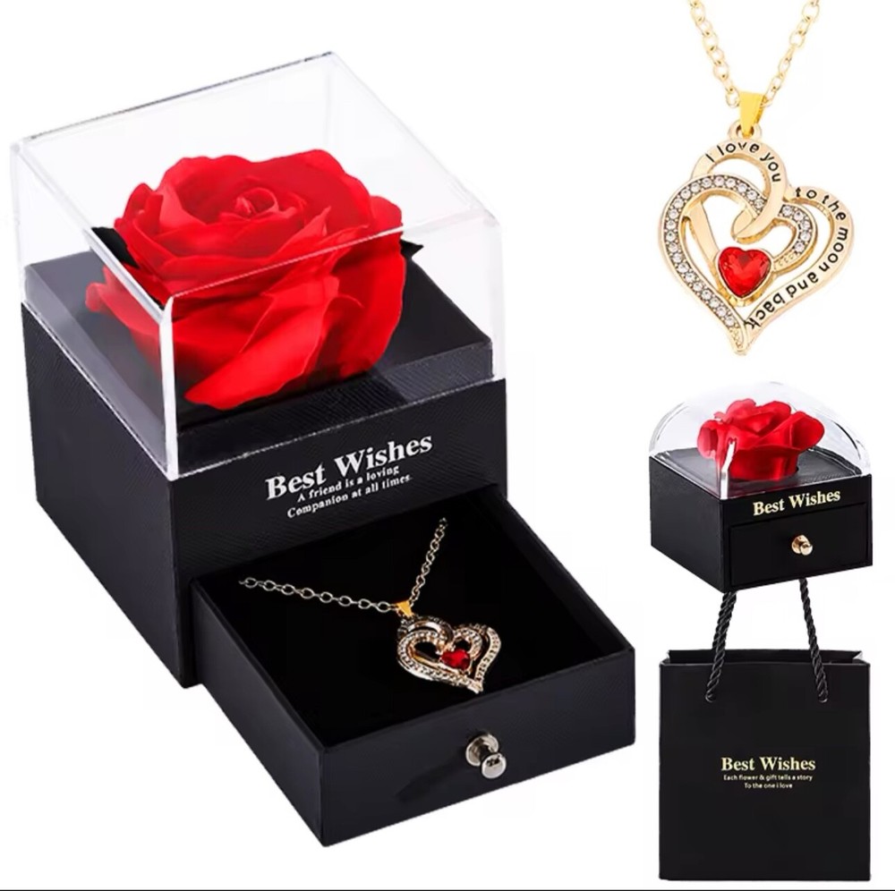 Love Heart Zircon Necklace With Rose Flower Gifts Box For Valentine’s day