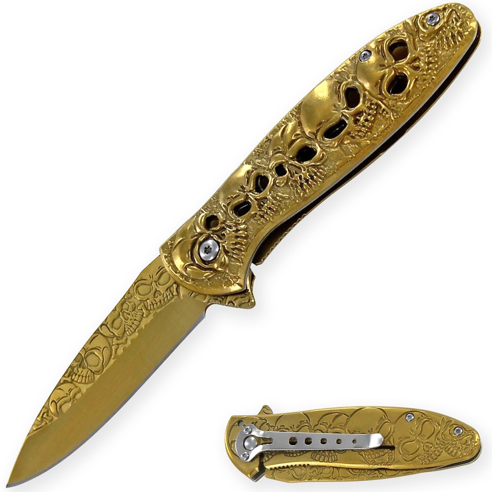 Gold Skull Spring Assisted Pocket Knife EDC Blade Underworld King  