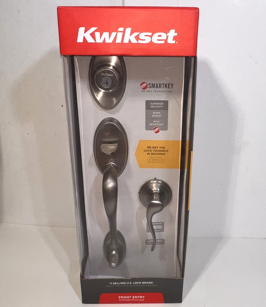 Kwikset Shelburne Front Door Entry Satin Nickel Tustin Lever Handleset Lock NEW