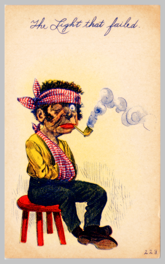 The Light That Failed Injured Man On Stool Smoking Pipe DB Comic Humor Postcard