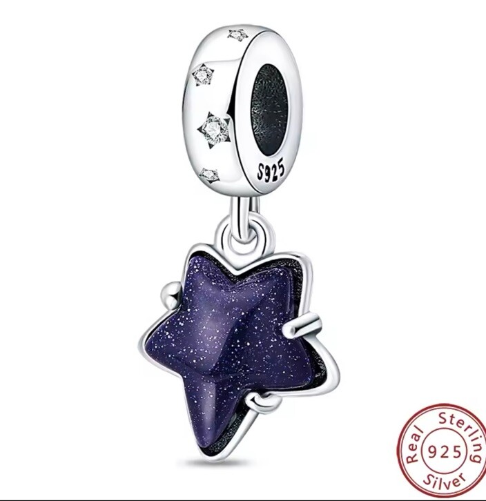 Star Glazed Dark Blue Charm Bead Pendant in S925 Sterling Silver for Bracelets