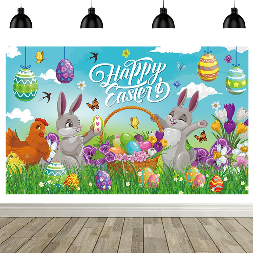 Easter Banner Backdrop Rabbit Wall Decor Grass Background Party Eggs Photography