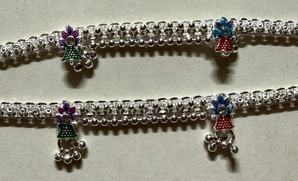 PAIR STERLING SILVER payal pink purple meena enamel BELL ANKLET BOLLYWOOD INDIA-image