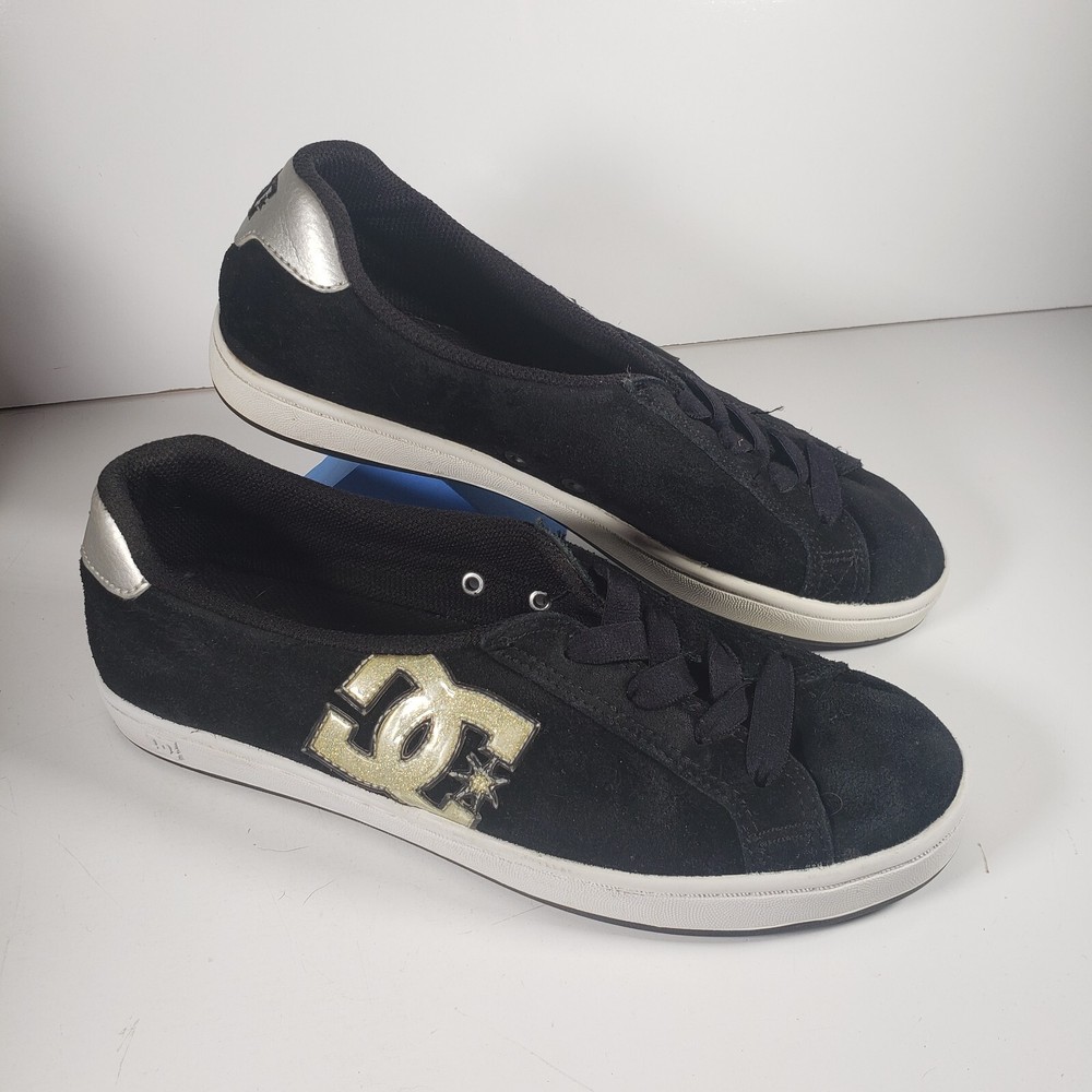DC Court Slim TX Slip-On Wns Size 7.5 Black Suede Skate Sneakers Sparkly Gold DC