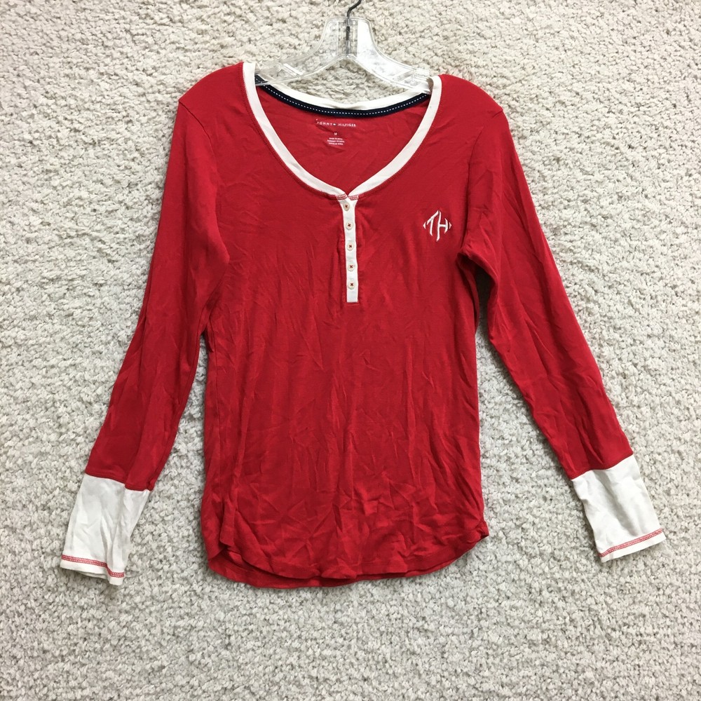 Tommy Hilfiger Womens Red Henley Long Sleeve Pajama Top Size M Casual Sleepwear