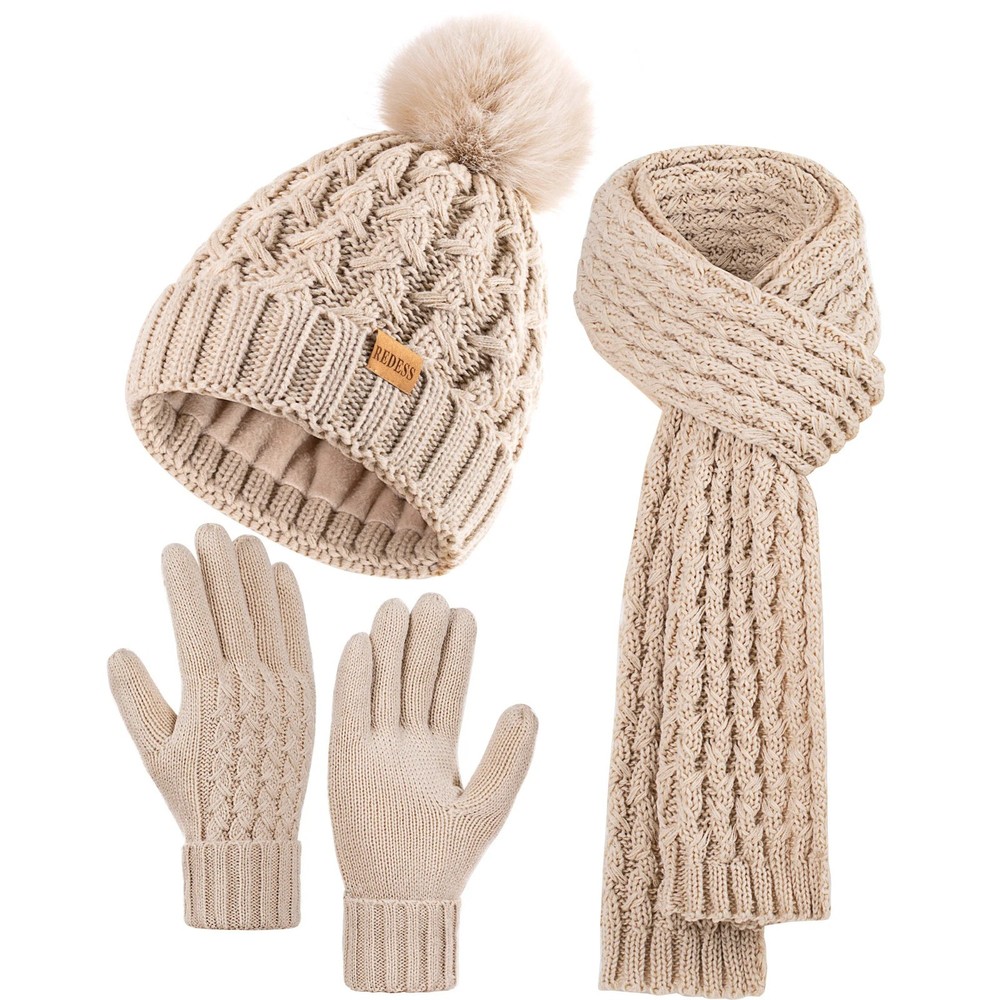 Women’s Winter Beanie Hat Scarf Set with Touchscreen Gloves Warm Knit 3-Piece