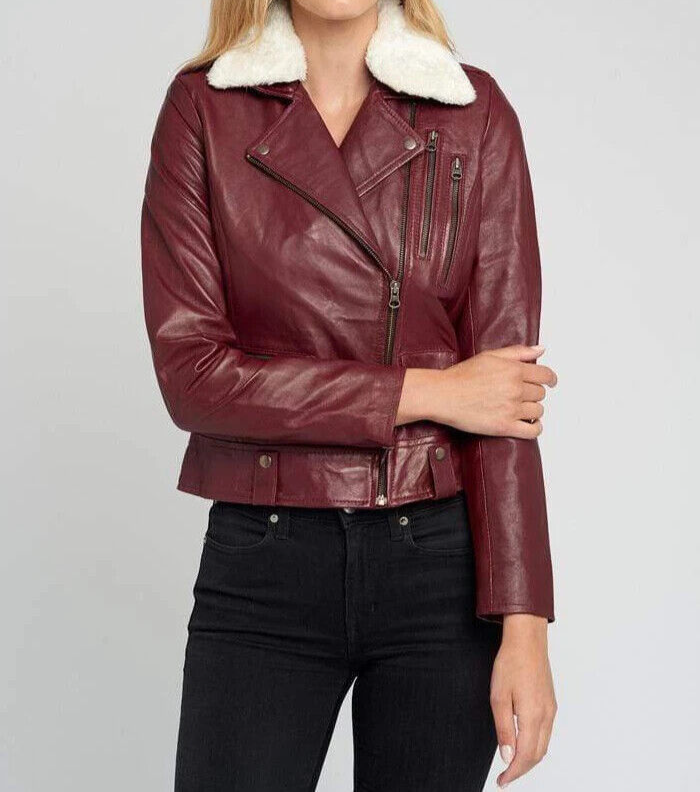 Women's Latest Lambskin Leather Motorcycle Biker Jacket Maroon Fur Collar Jacket