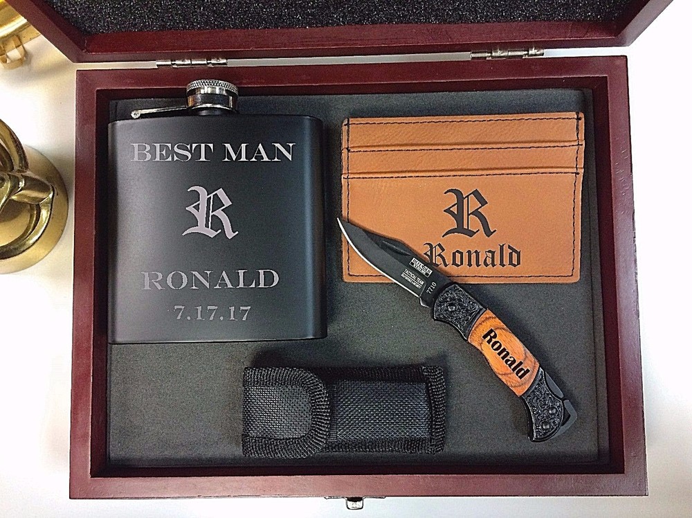 Custom Engraved Groomsmen Gift Set with Flask, Knife & Money Clip-image