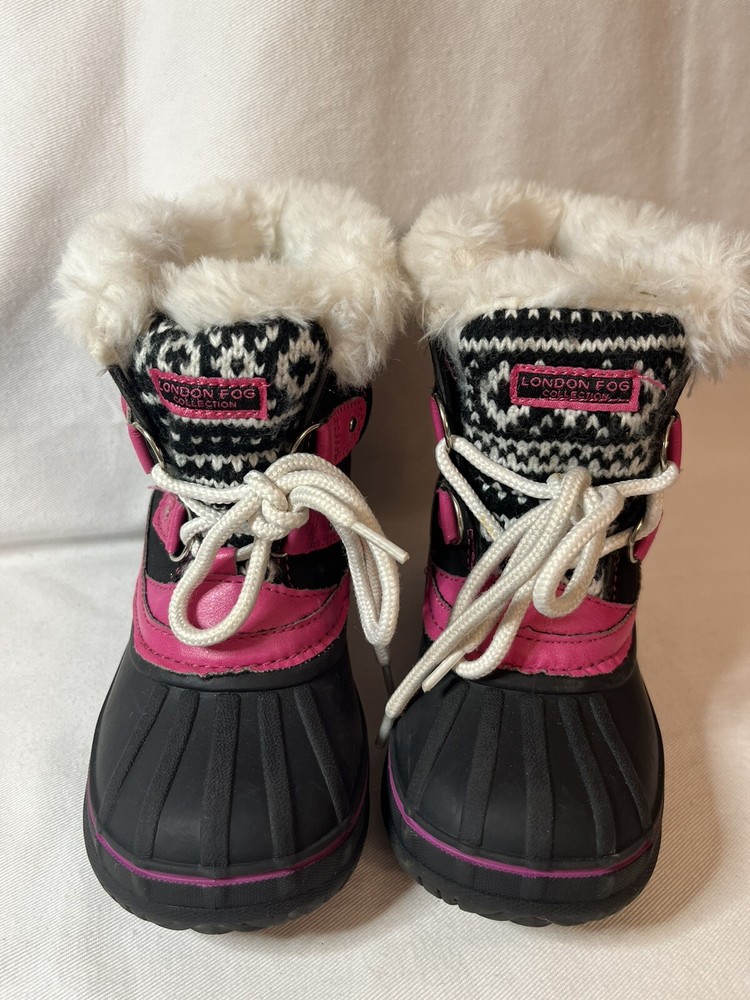 LONDON FOG Lil Tottenham Winter Snow Boots Size 9 Girls Pink Black Fleece