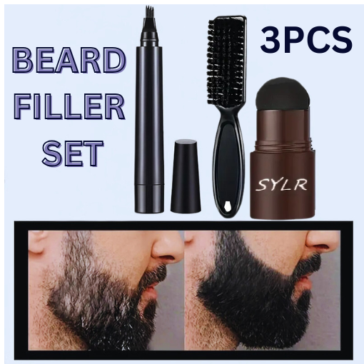 Men's Beard Filler Kit - Waterproof Pencil, Brush & Powder for Natural Look 3PCS