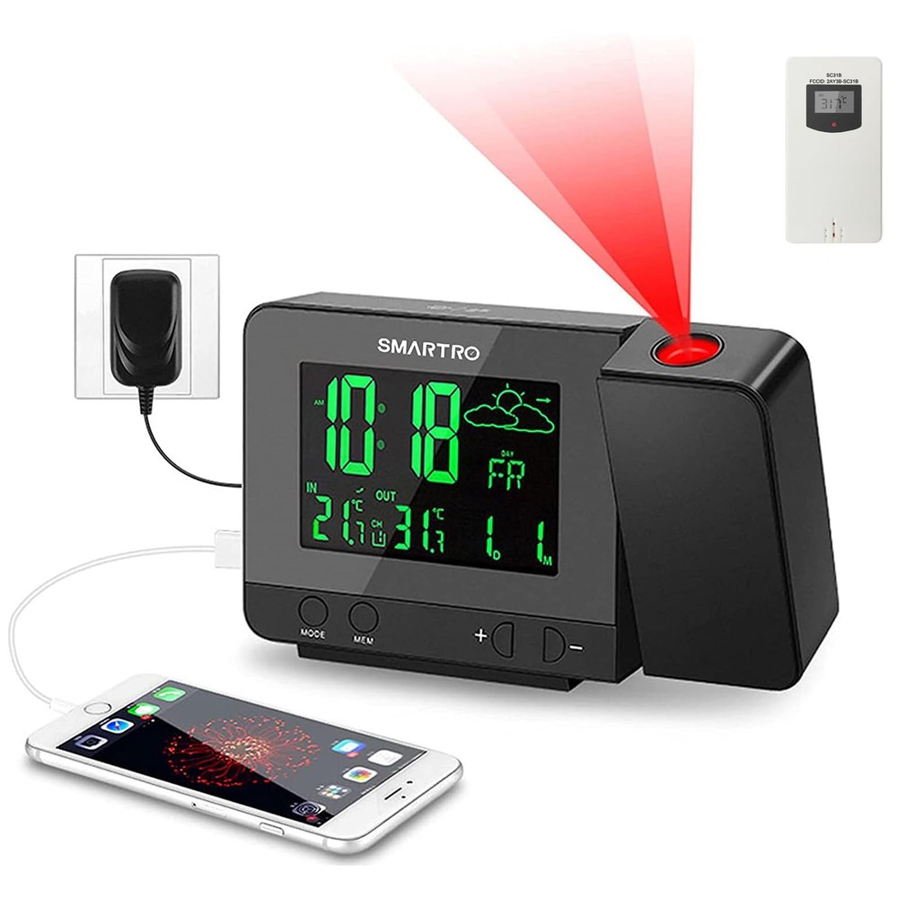 Smartro Sc31B Digital Alarm Clock with Projection & Indoor Weather Station