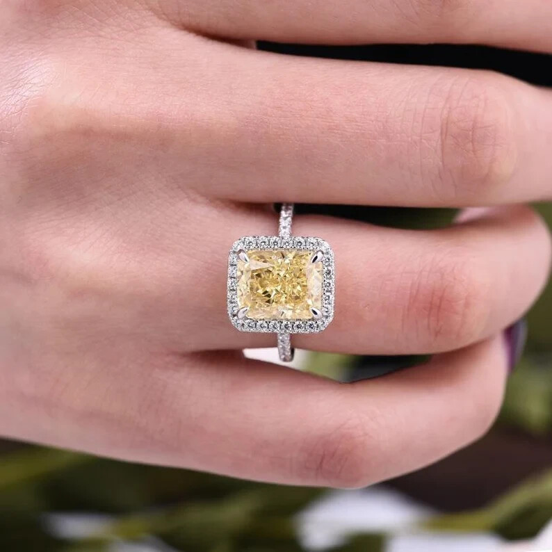 3.10Ct Emerald Cut Simulated Citrine Halo Engagement Ring in 14k White Gold Plated