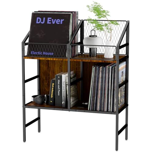 EYOCAL Vinyl Record Holder Storage Rack,200 LP Wooden Record Display Table fo...