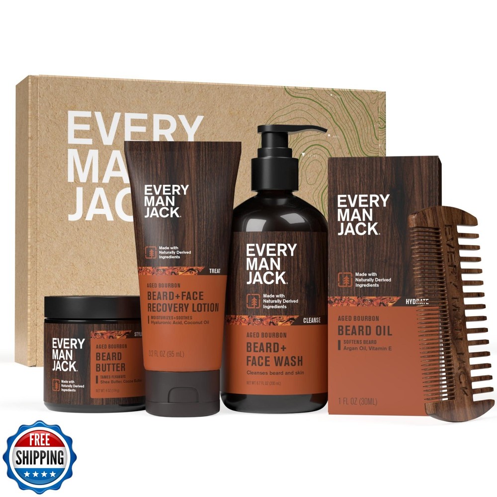 Every Man Jack Aged Bourbon Beard Set - 5 Full-Sized Grooming Essentials for Men