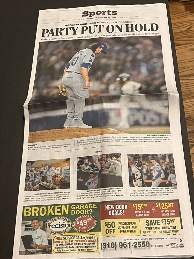 Daily Breeze World Series Game 4 Dodgers Vs Yankees Newspaper  October 30, 2024