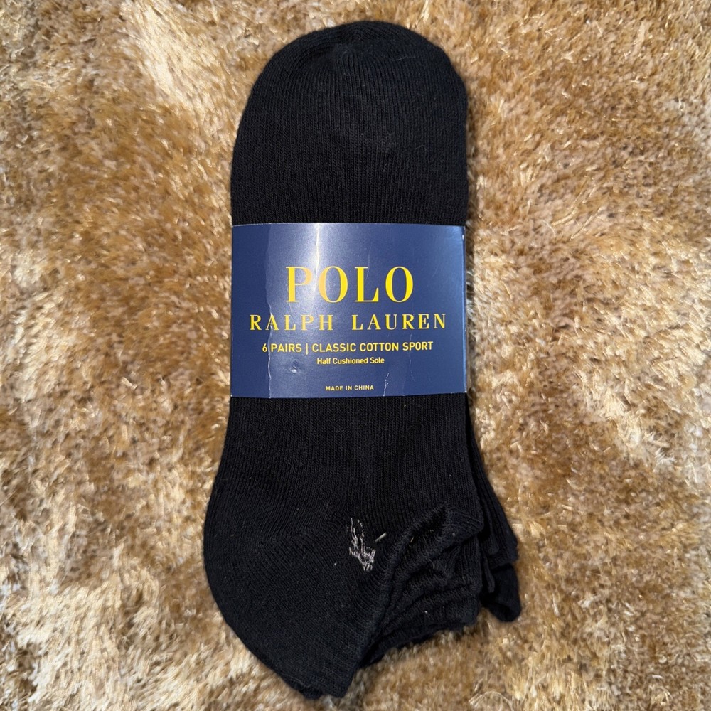 Polo Ralph Lauren Ankle Socks Classic Sport, US Mens Size 10-13, Black 6 Pairs