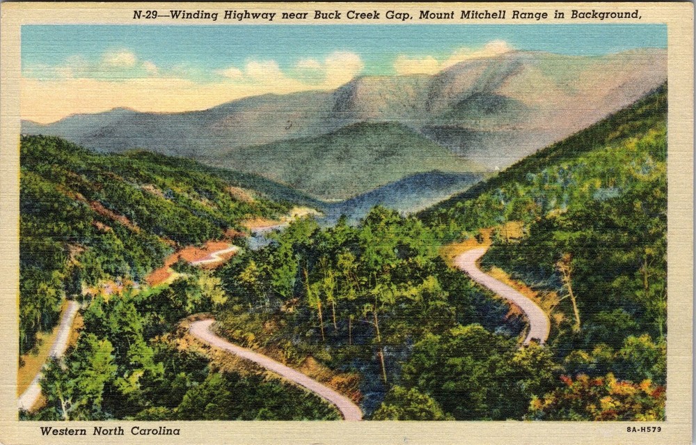 Vintage Postcard of Winding Highway in Western NC Mt Mitchell Range