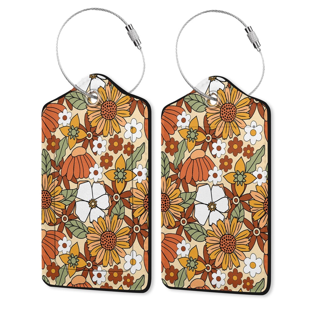 2 Pack Luggage Tag for Suitcase,70s Vintage Hippies Flowers Leather Suitcase ...
