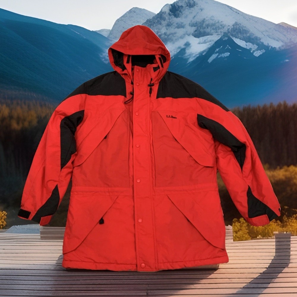 LL Bean Jacket Parka Men’s M Red Black Nylon Thinsulate Full Zip Winter Hood Ski