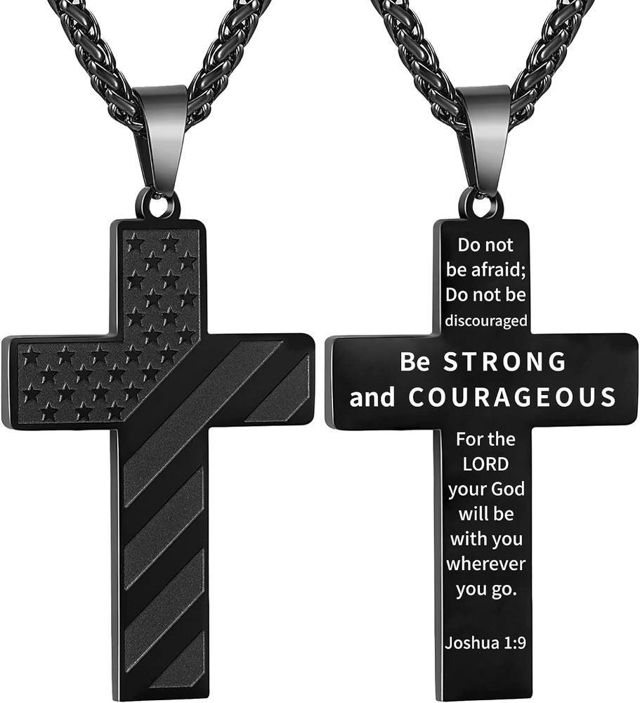 18+2 Inch Cross Necklace Bible Verse Stainless Steel American Flag Pendant Chain