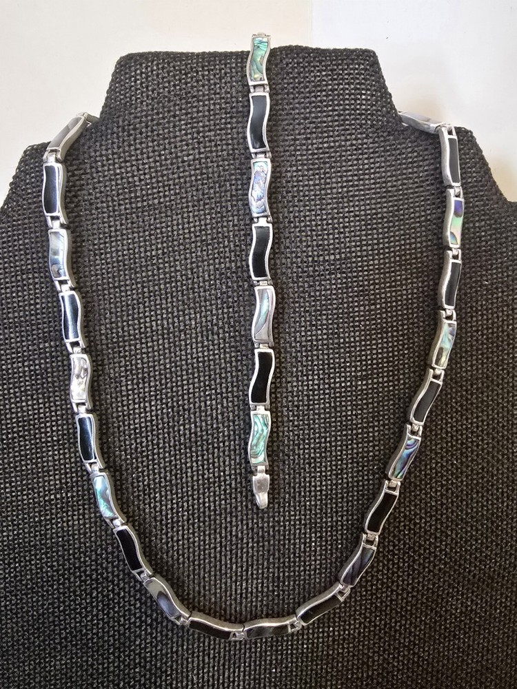 925 Sterling Silver Black Onyx Abalone Serpent Necklace and Bracelet Set for Women