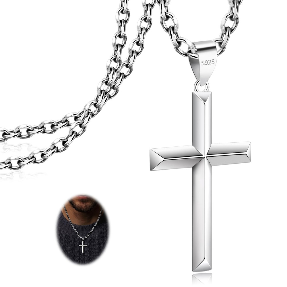 925 Sterling Silver Cross Necklace for Men Women with 5MM Stainless Steel Str...