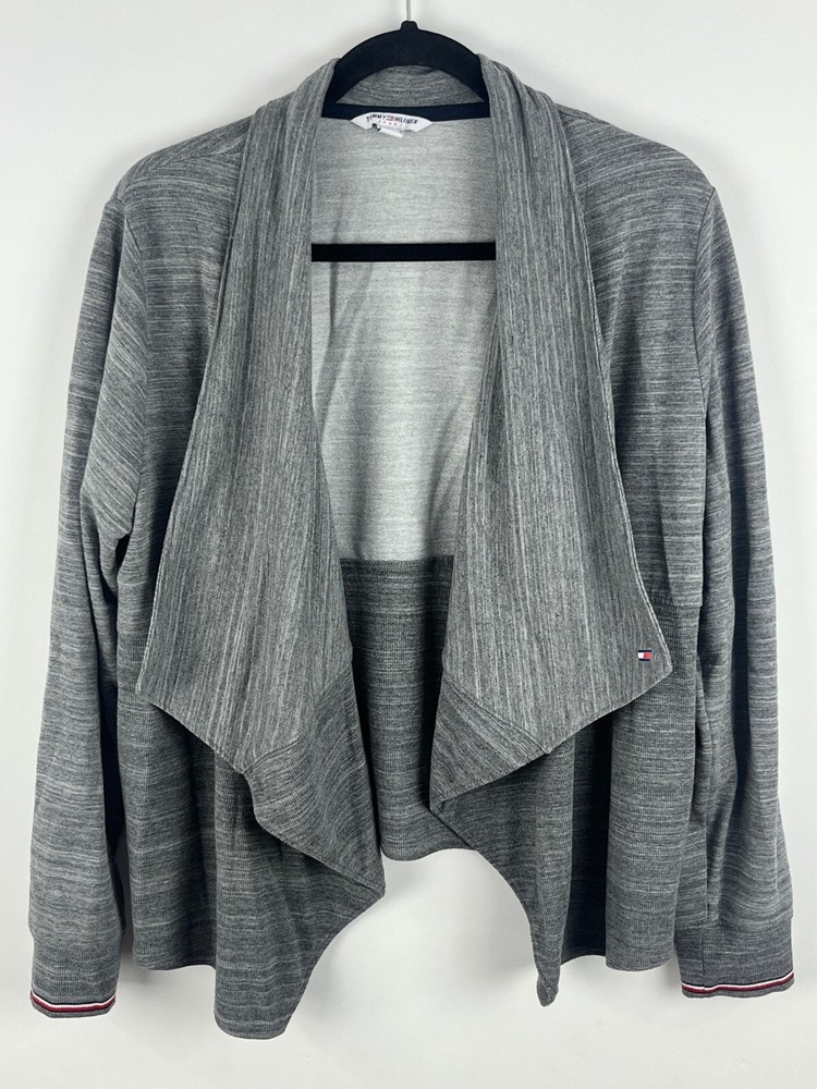 Tommy Hilfiger Sweater Cardigan Size L Gray Long Sleeve Collared Open Cotton Vis
