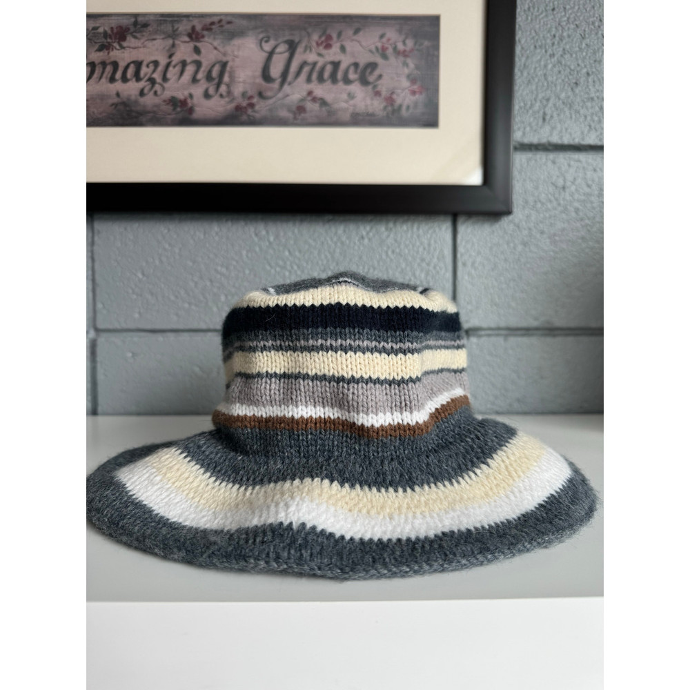 Vintage Y2K Bohemian Hansen Striped Knit Crocheted Wide Brim Wool Bucket Hat