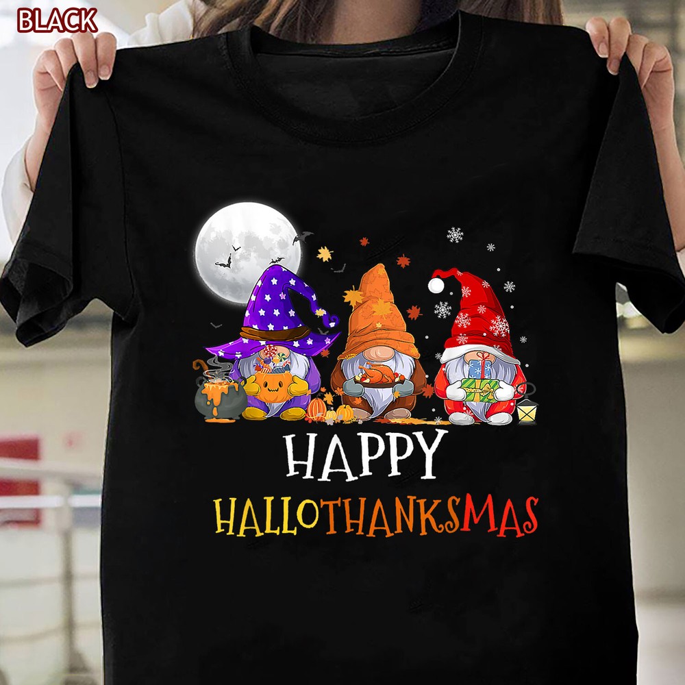 Gnomes Unisex Hallothanksmas T-Shirt Gift, Halloween Thanksgiving Christmas Tee