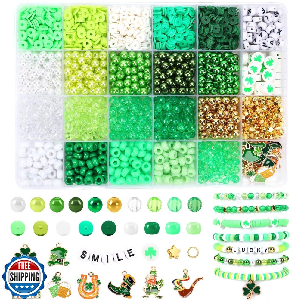 UPINS 2100PCS St Patricks Day 6mm Green Clay Beads Craft Kit for DIY Jewelry Making