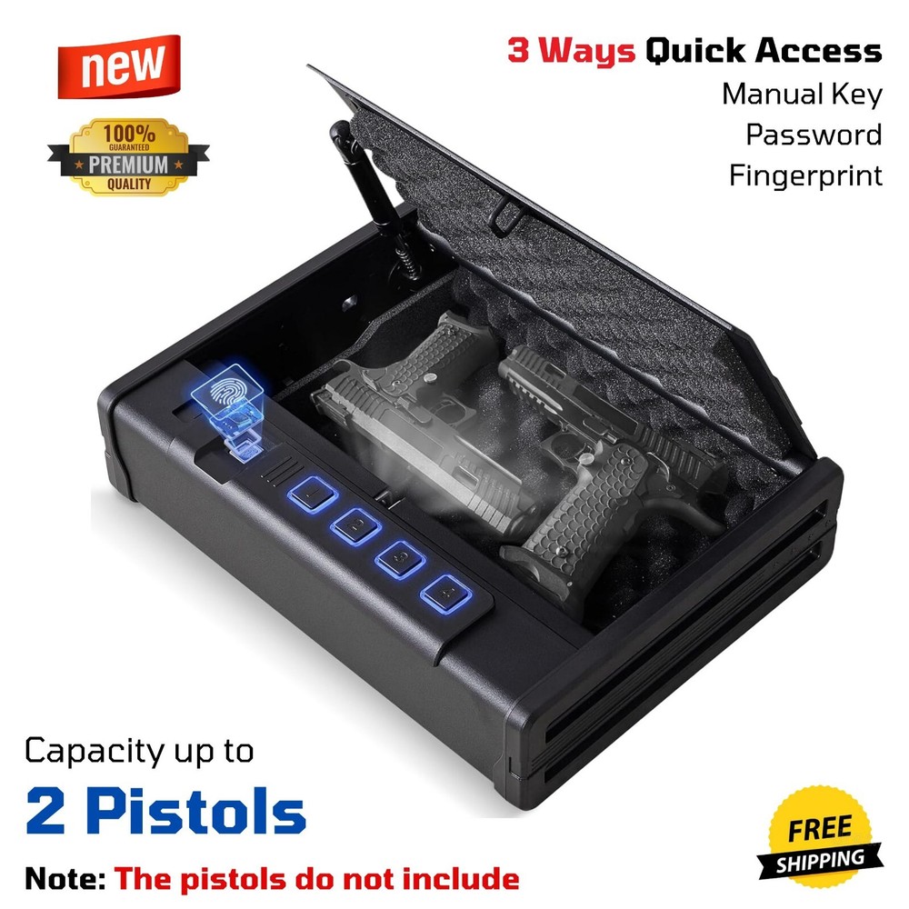 Biometric Gun Safe Pistols Handgun Storage Box w Fingerprint/Code/Key Protection-image