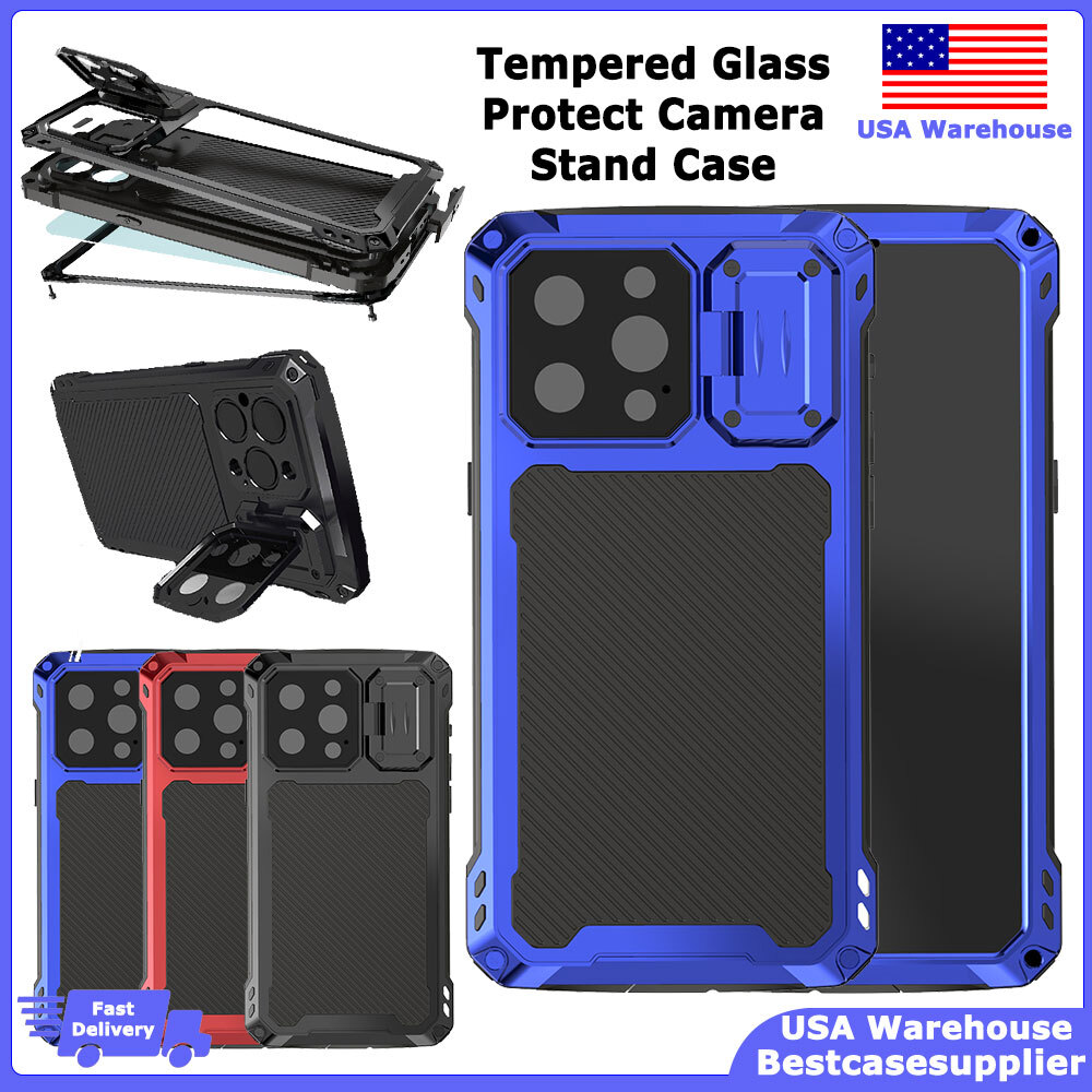 For iPhone 14 Pro Max Shockproof Heavy Duty Metal Glass Stand Case Camera Cover