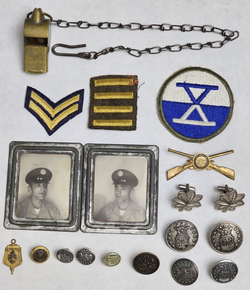 19 WWII MILITARY BUTTONS PATCHES PHOTO ARTILLERY WHISTLE CUFFLINKS PINS LOT