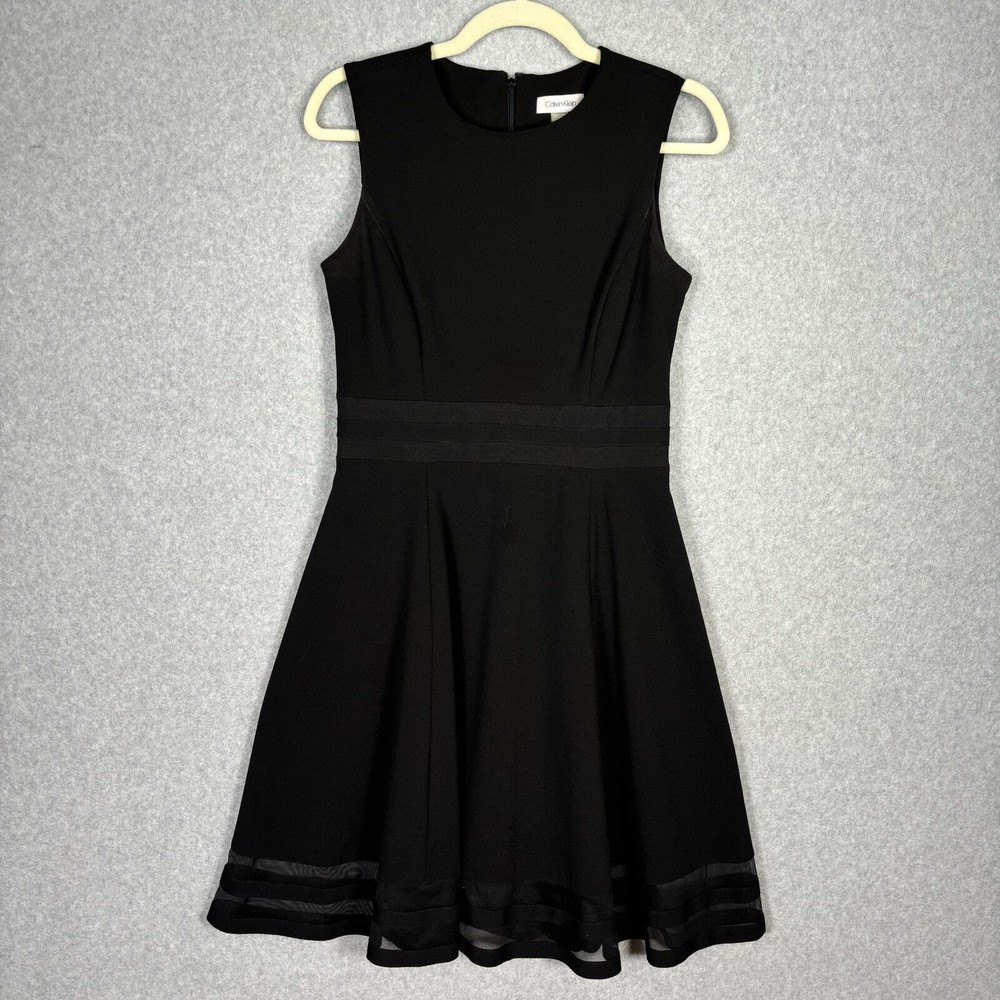 Calvin Klein Dress Womens 6 Black Crepe Flounce Sheer Tulle Trim Career Church