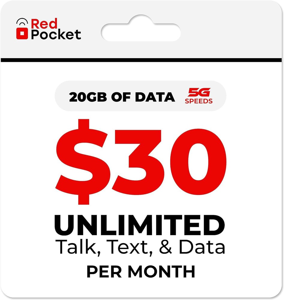 RedPocket Mobile Plan with Unlimited Talk, Text & Data - Expanded 20GB High-S...