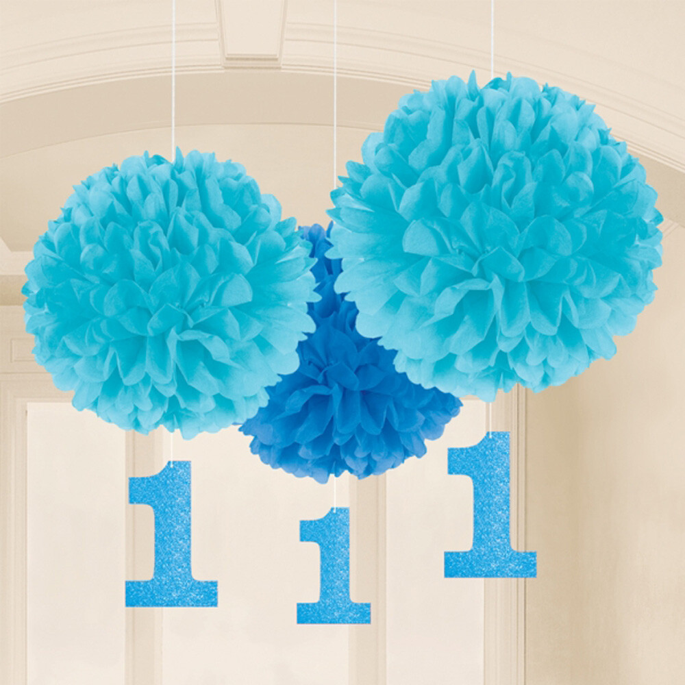 Blue Pom Pom 1st Birthday Party Decorations - Set of 3 Hanging Paper Orbs