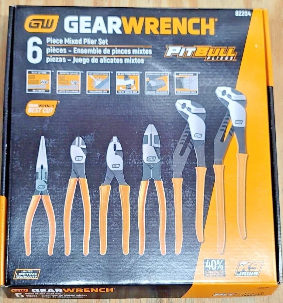 GearWrench Pitbull 6pc Pro Plier Set with Cutters Needle Nose Slip Joint 82204