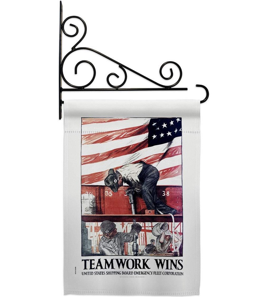 Teamwork Wins Garden Flag Set Wall Holder Armed Forces Navy USN Seabee United...