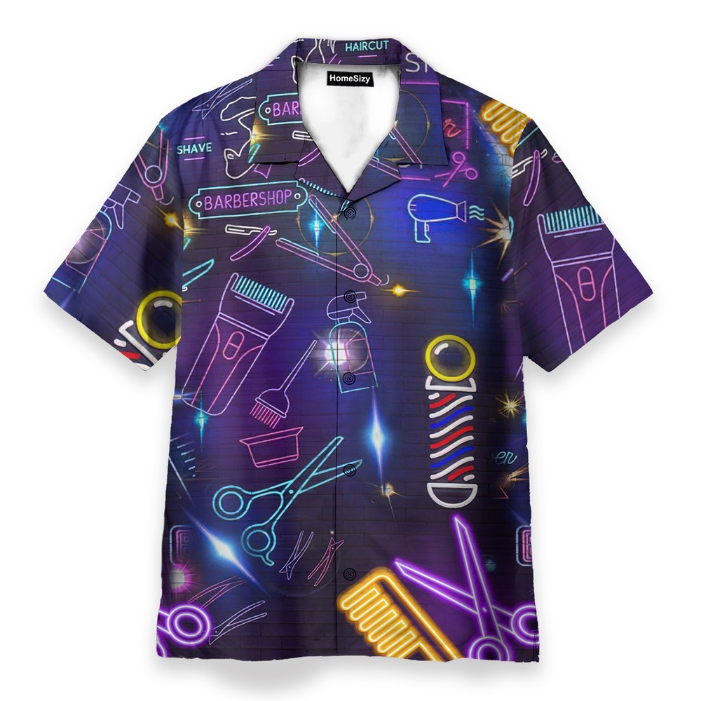 Neon Barber Shop Tools Mens Buttons Up Shirts   Hawaiian Shirt
