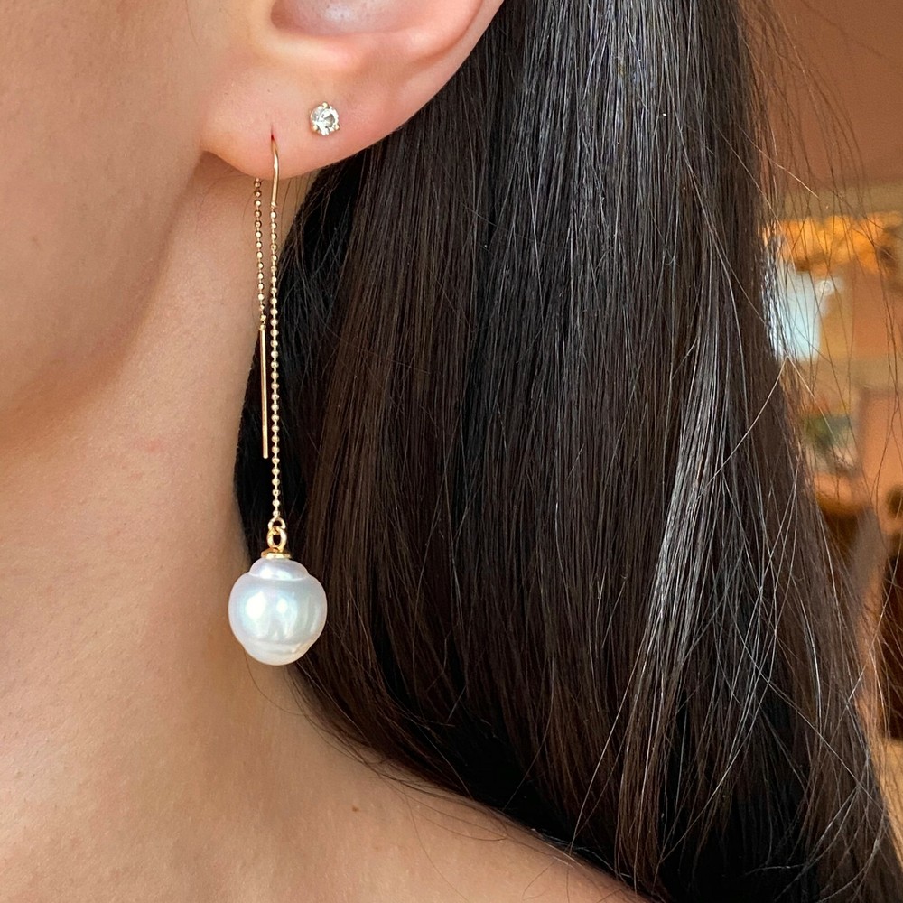 Elegant 14KT Yellow Gold Paspaley South Sea Pearl Threader Ball Chain Earrings 12mm-image