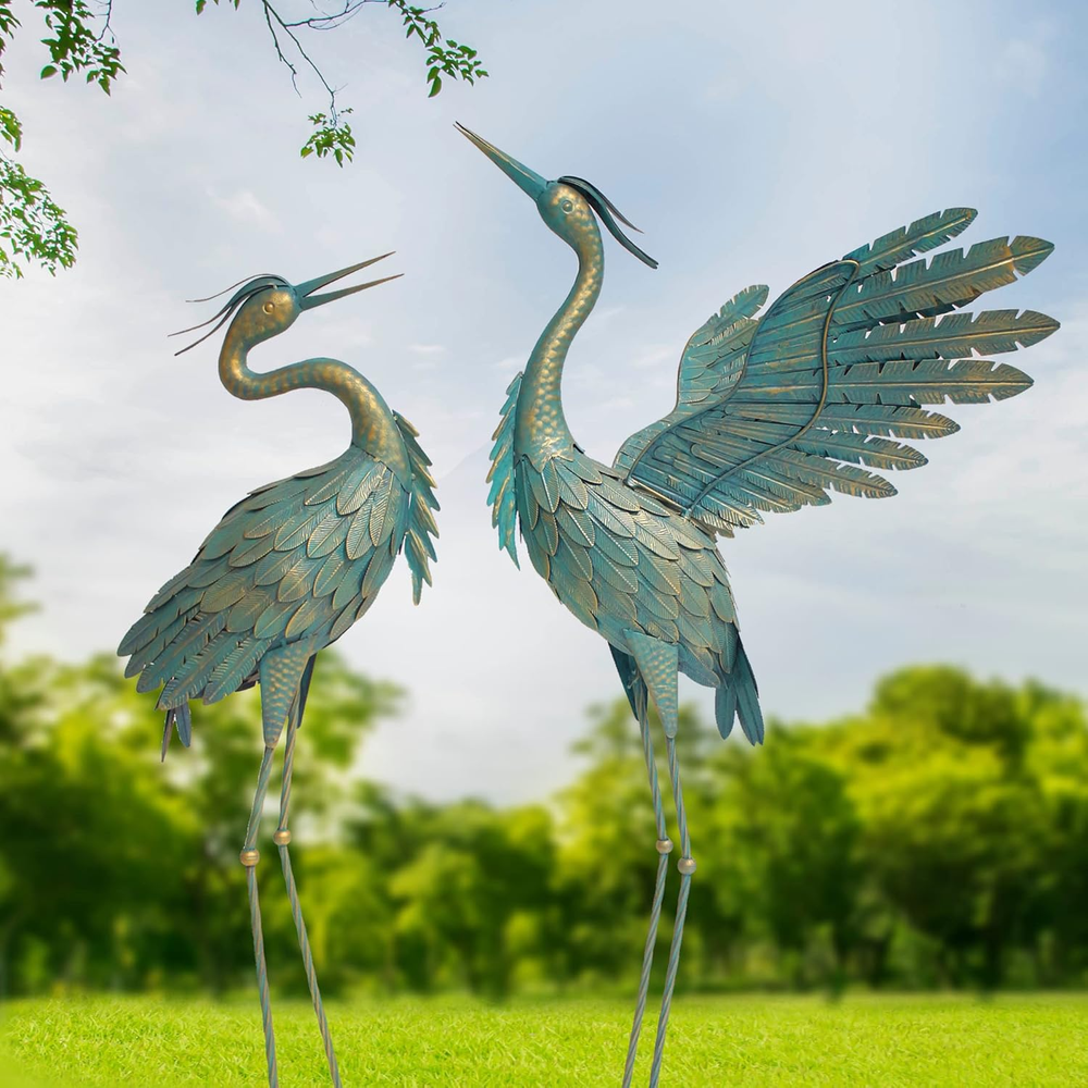 Crane Statues for Outdoor, Metal Heron Garden Statues Bird Yard Art, Standing Sc