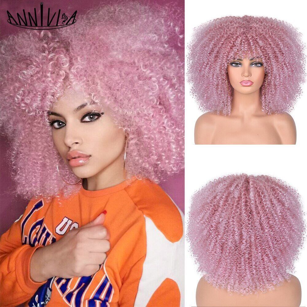 14-Inch Glueless Afro Kinky Curly Wig with Bangs for Cosplay