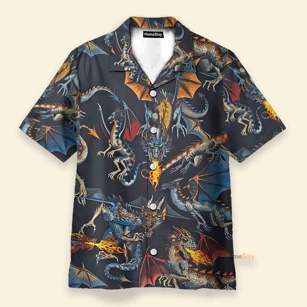 Powerful Flame Dragon Mens Buttons Up Shirts   Hawaiian Shirt