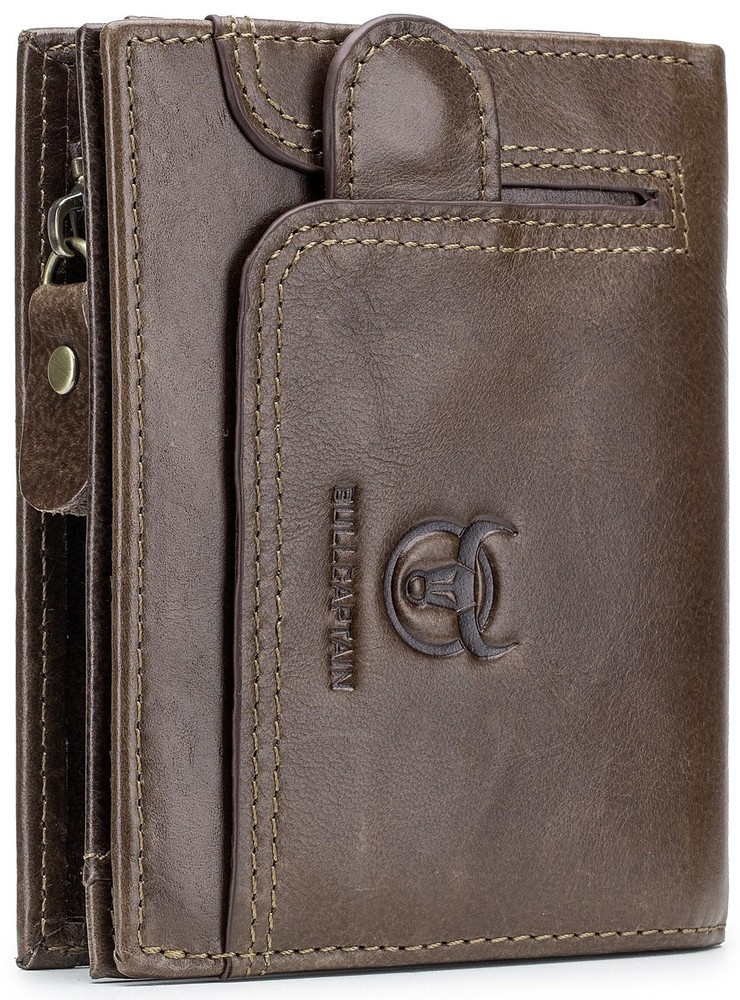 Men's Genuine Leather RFID Blocking Bifold Wallet with Zipper Coin Purse