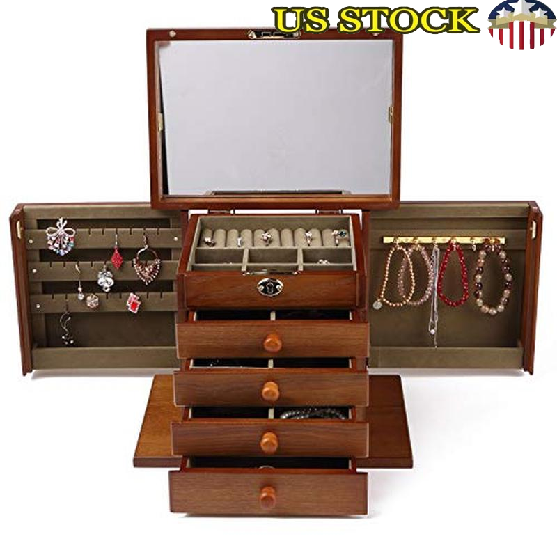 Wooden Jewelry Box Organizer Combo Lock Mirror 4 Drawers 17 Compartments Durable