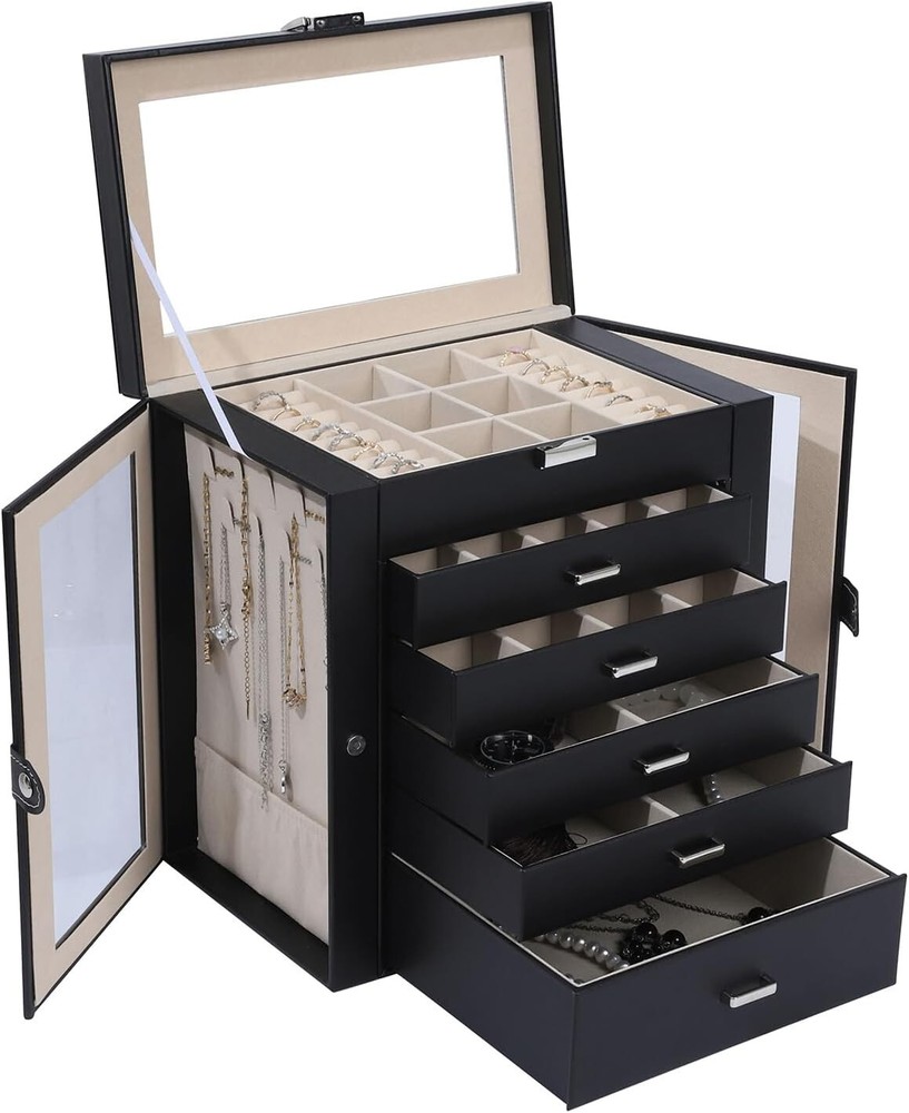 Large Multifunctional 5-Drawer Jewelry Box with Glass Doors - Black Elegance