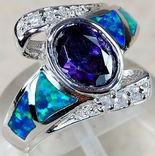 1CT Amethyst & Australian Opal Inlay 925 Sterling Silver Ring Size 6 BA4